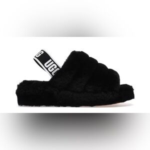 UGG Black Fluffy Slide with Logo Strap size 8